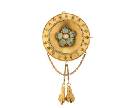 A mid Victorian gold, emerald and split pearl pendant, with cannetille surround and swag detail, 6.7cm, 7.2g, may also be wor