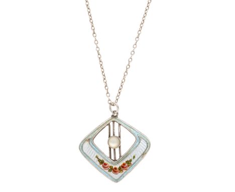 Charles Horner, an Art Nouveau silver, enamel and mother-of-pearl pendant, suspended from a non-designer silver chain, maker'