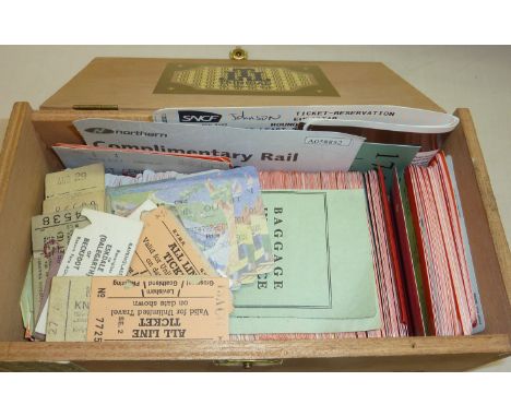 Cigar box containing large quantity of various railway tickets, and associated paperwork including railway passengers assuran