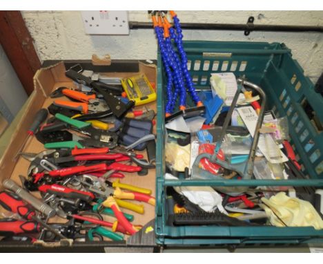 TWO TRAYS CONTAINING VARIOUS SPECIALISED HAND TOOLS, CRIMPERS, METAL CUTTERS, SCREW DRIVERS, SIX ARM HOLDING TOOL