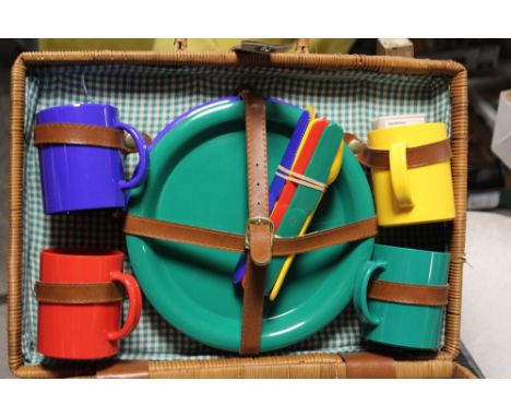 A WICKER PICNIC HAMPER SET &amp; CONTENTS