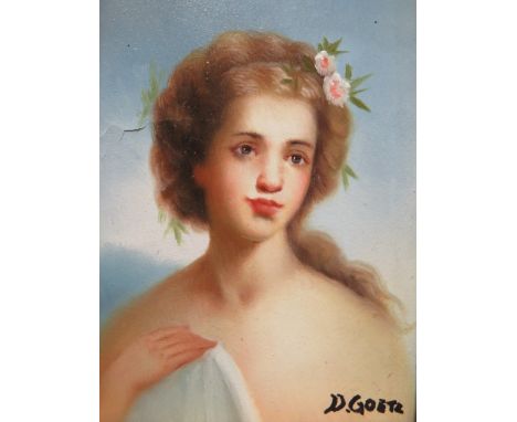 A SMALL GILT FRAMED PORTRAIT PAINTING OF A LADY IN TYPICAL COSTUME SIGNED D. GOETZ