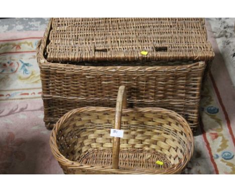 A WICKER HAMPER BASKET TOGETHER WITH A SMALL WICKER BASKET (2)