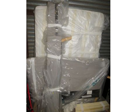 A MODERN UPHOLSTERED DOUBLE BED FRAME AND MATTRESS - NOT CHECKED
