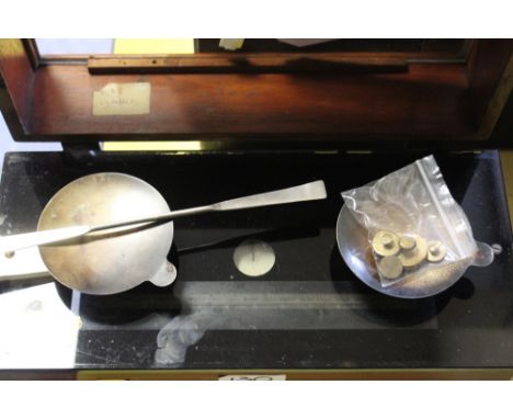 A SET OF TORSION BALANCE COMPANY OF NEW YORK PHARMACY SCALES WITH BRASS &amp; GLASS DISHES, BRASS WEIGHTS ETC