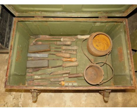 AN AMMO BOX OF ASSORTED TOOLS TO INC SMELTING POTS