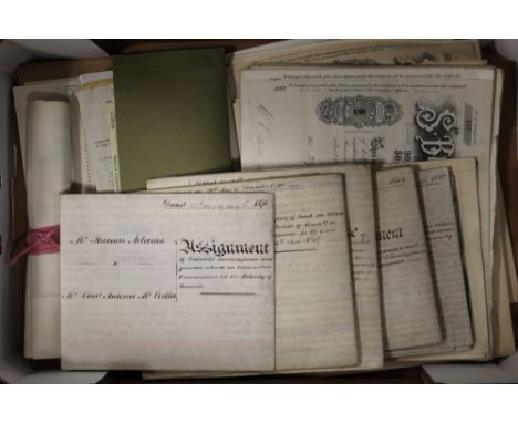 A TRAY OF ANTIQUE DOCUMENTS AND EPHEMERA TO INCLUDE VICTORIAN EXAMPLES AND SHARE CERTIFICATES