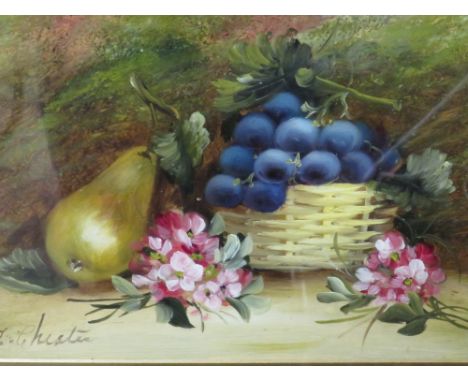 A GILT FRAMED AND GLAZED STILL LIFE OIL PAINTING OF FRUIT ON A TABLE, POSSIBLY SIGNED E CHESTER ?, TOGETHER WITH A WOLVERHAMP