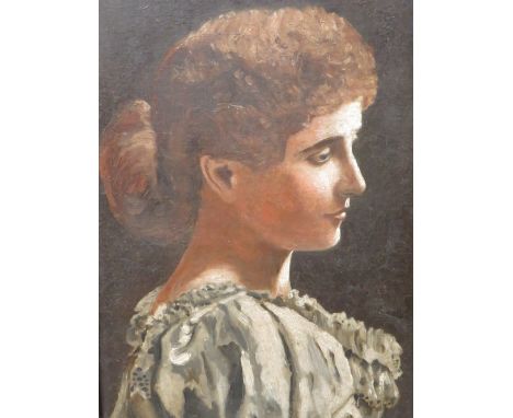A FRAMED OIL ON CANVAS HEAD AND SHOULDER PORTRAIT ENTITLED 'MISS FORTESQUE' - SEE VERSO
