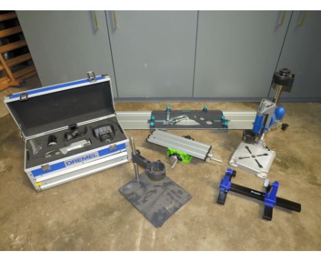 A DREMEL 8200 CASED GRINDER SET, DREMEL WORKSTATION, SMALL MACHINIST TABLE, CLAMPS, WOLF CIRCULAR SAW GUIDE RAIL
