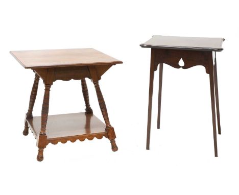 An Arts & Crafts mahogany side table, with a squared top, with ring-turned and shaped stretchers and supports, 60cm square, 6