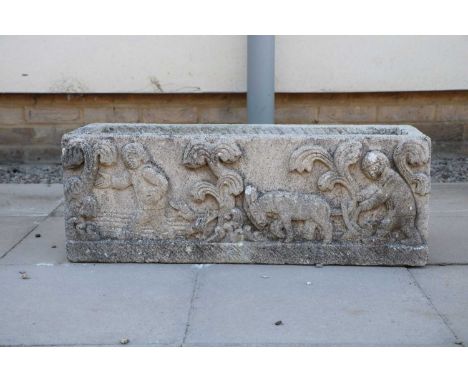 A Haddonstone trough of rectangular form, with figural relief decoration on separate feet, 78.5cm wide, 27cm deep, 37cm highC