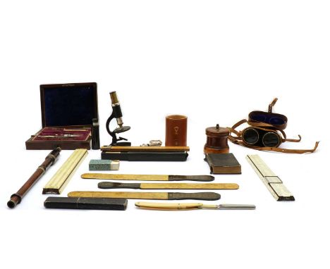 A cased scientific instruments, vintage microscope &amp; other curios, including cased binoculars, lidded treen box, recorder