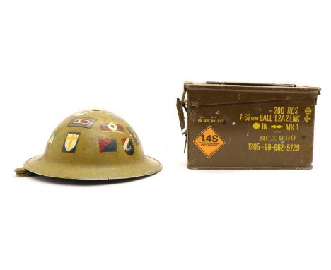 A WWII British Officer's helmet and ammunition case, the helmet covered with various painted insignia, 30.5cm (long, the helm