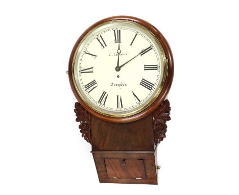 A 19th century walnut drop dial wall clock, the 13 inch painted dial inscribed 'C Lemmon Croydon', with brass pendulum. 70cm 
