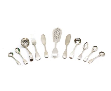 A small collection of antique silver fiddle pattern flatware, various dates and makers viz: a serving or fish slice, maker's 