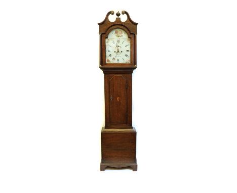 A 19th century oak longcase clock, the arched painted dial inscribed 'Alcock M-Raisin' with eight day movement, pendulum and 