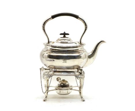 An Edwardian silver kettle with stand, by Harrison Brothers &amp; Howson, London, 1912, with an ebonised handle and finial, b