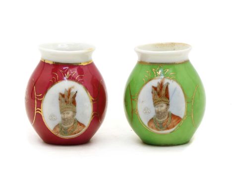 A Russian Gardner style porcelain opium bowl, with green glaze and portrait reserve, together with one other having a red gla
