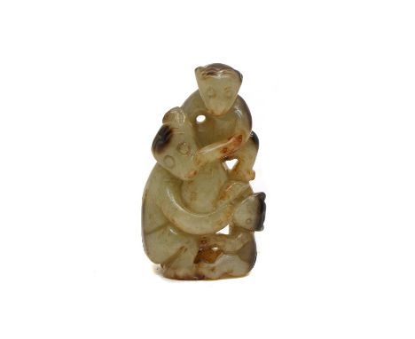 A Chinese jade carving, of a group of monkeys, 6.2cm highCondition report: No obvious faults.