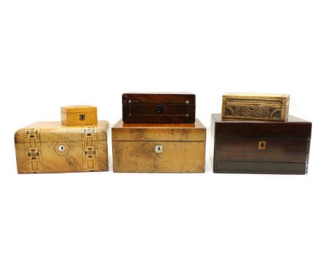 A cased dressing set, with a blue velvet interior, also including a walnut, mother of pearl inlaid writing slope, Tunbridge w