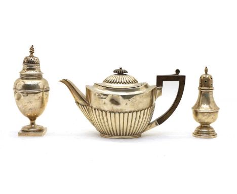 A Victorian silver teapot, Goldsmiths &amp; Silversmiths Company Ltd, London 1896, with gadrooned decoration, 25cm long, 15cm