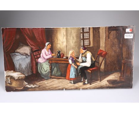 A large ceramic tile hand painted with a Victorian genre scene, 60cm by 30cm&nbsp;