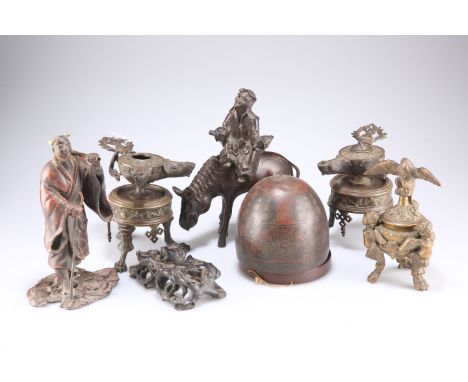 A group of metal wares, including two Neo-Classical style double font oil lamps; a brass inkwell with eagle finial; a Japanes