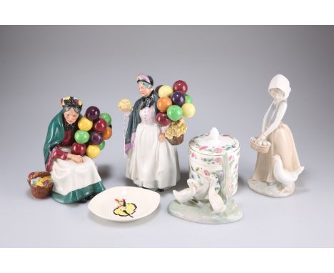 Royal Doulton, 'Biddy Pennyfarthing', HN1843; Royal Doulton, 'The Old Balloon Seller', HN1315; a Nao figure of a girl and a h