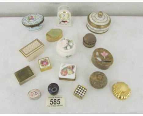 15 assorted trinket/pill boxes and a miniature clock.
