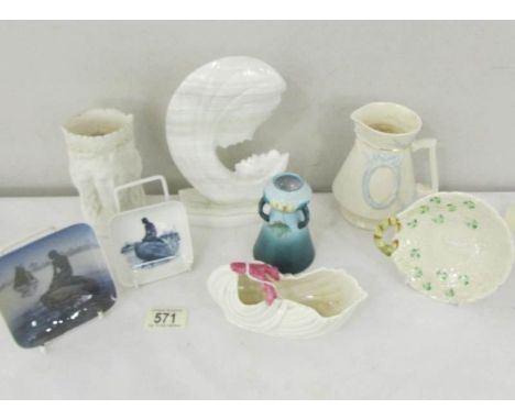 2 pieces of Belleek porcelain, 2 Royal Copenhagen pin dishes and other ceramic items.