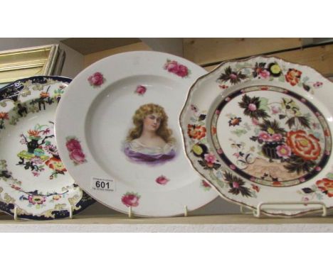 A 19th century portrait plate and 2 other plates.