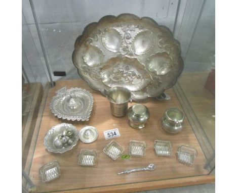A mixed lot of metal ware including inkwell.