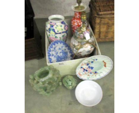 A mixed lot including Chinese Lamp, vases and a very a/f jade vase.