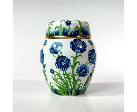 Lidded ginger jar decorated with blue anemone on white ground; fashioned of enamel on copper. This item has its original box.