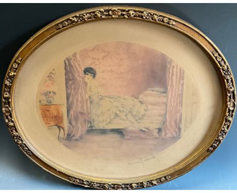 Louis Icart (1888 - 1950), by and after, Pink Alcove, etching with aquatint, signed in pencil, blindstamp, oval, 34cm x 42cm