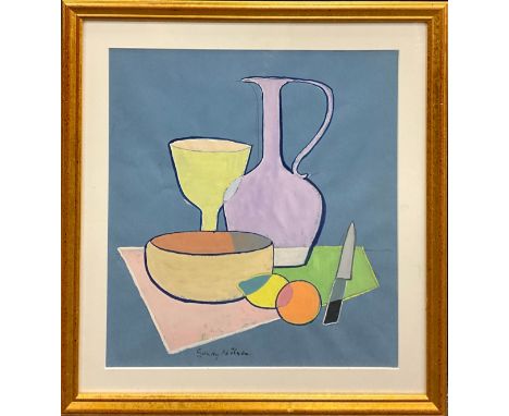 Sandy Wilson (British, 1924-2014), Cubist / Fauvist school, Still life with a tall ewer, goblet, bowl, knife, and fruit, sign