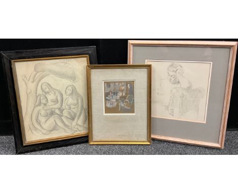 A group of three studio sketches - Diana M. Armfield (British, bn. 1920), In Bed, pastel on paper, gallery label verso, 14cm 
