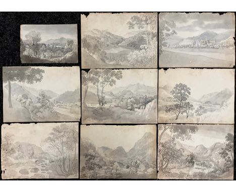 A folio of Grisaille watercolour working sketches, mostly Lakeland scenes, in the style of William Heaton Cooper, some with a
