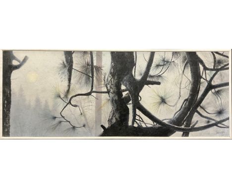 Turner (British, contemporary) Pinewood, misty morning, signed, oil on board, 60cm x 158cm.