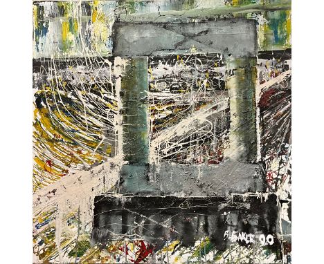 R Baker (Contemporary)Action Painting, Abstract composition signed, dated '00, acrylic on canvas, 106.5cm x 106.5cm.