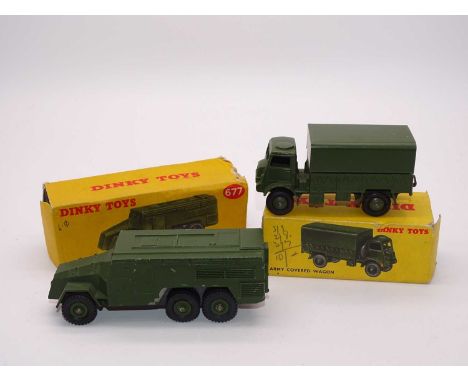 A pair of DINKY Toys Military vehicles comprising a 623 Army Covered Wagon and a 677 Armoured Command Vehicle - VG in F boxes