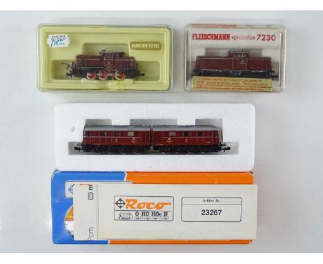 A group of German outline N gauge diesel locomotives by MINITRIX, FLEISCHMANN &amp; ROCO - G/VG in G boxes (3)