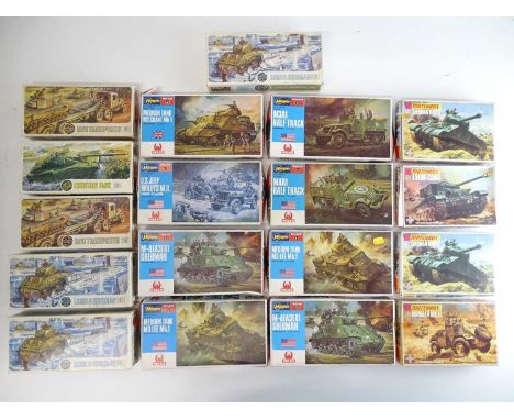 A large group of 1:72 scale unbuilt plastic military vehicles kits by AIRFIX, MATCHBOX and HASEGAWA - VG in G boxes (18)