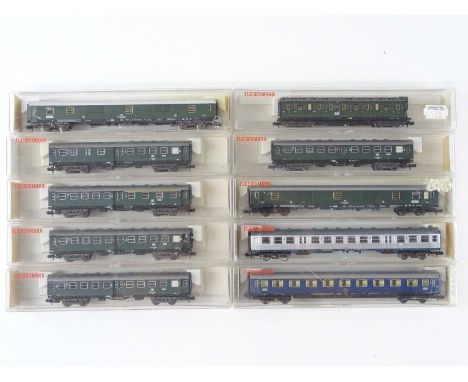 A group of N Gauge German Outline passenger coaches by FLEISCHMANN mostly in DB Green livery - VG in G boxes (10)