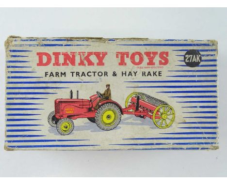 A DINKY Toys 27AK Tractor and Hay Rake - F in F box (with packing piece)