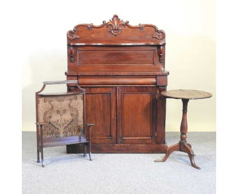 A Victorian chiffonier, together with a wine table and a tapestry fire screen (3)105w x 42d x 144h cm