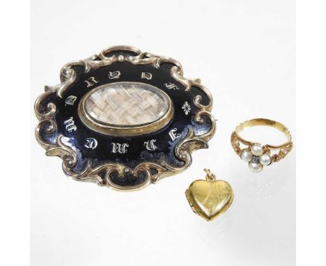 An unmarked Victorian pearl ring, size J, together with a Victorian gilt and enamelled mourning brooch, in a scrolled surroun