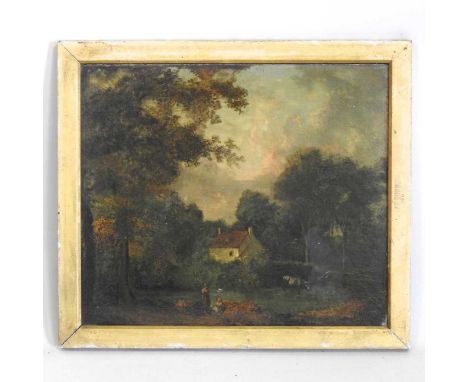 English school, early 19th century, wooded landscape with figures, oil on panel, 30 x 36cm