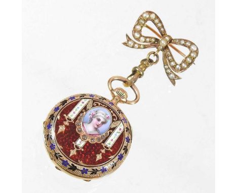 A fine 19th century 18 carat gold cased and enamelled ladies open faced fob watch, the jewelled case with guilloche enamel, i